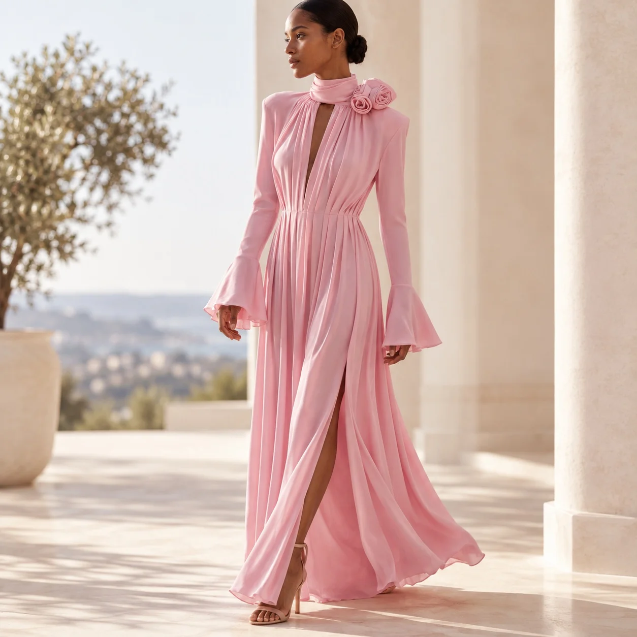 Loose Fit Mock Neck Gown Elegant with Bell Sleeves Office Chic Asymmetrical Hem Seamless Construction Dress Summer for Women