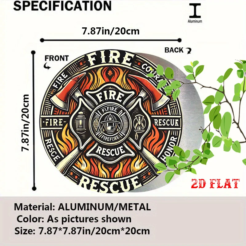 2D Flat, 1pc Firefighter Rescue Metal Tin Sign - 7.8x7.8 Inch Round Aluminum Wall Decor with Fire Truck & Ladder Design, Courage