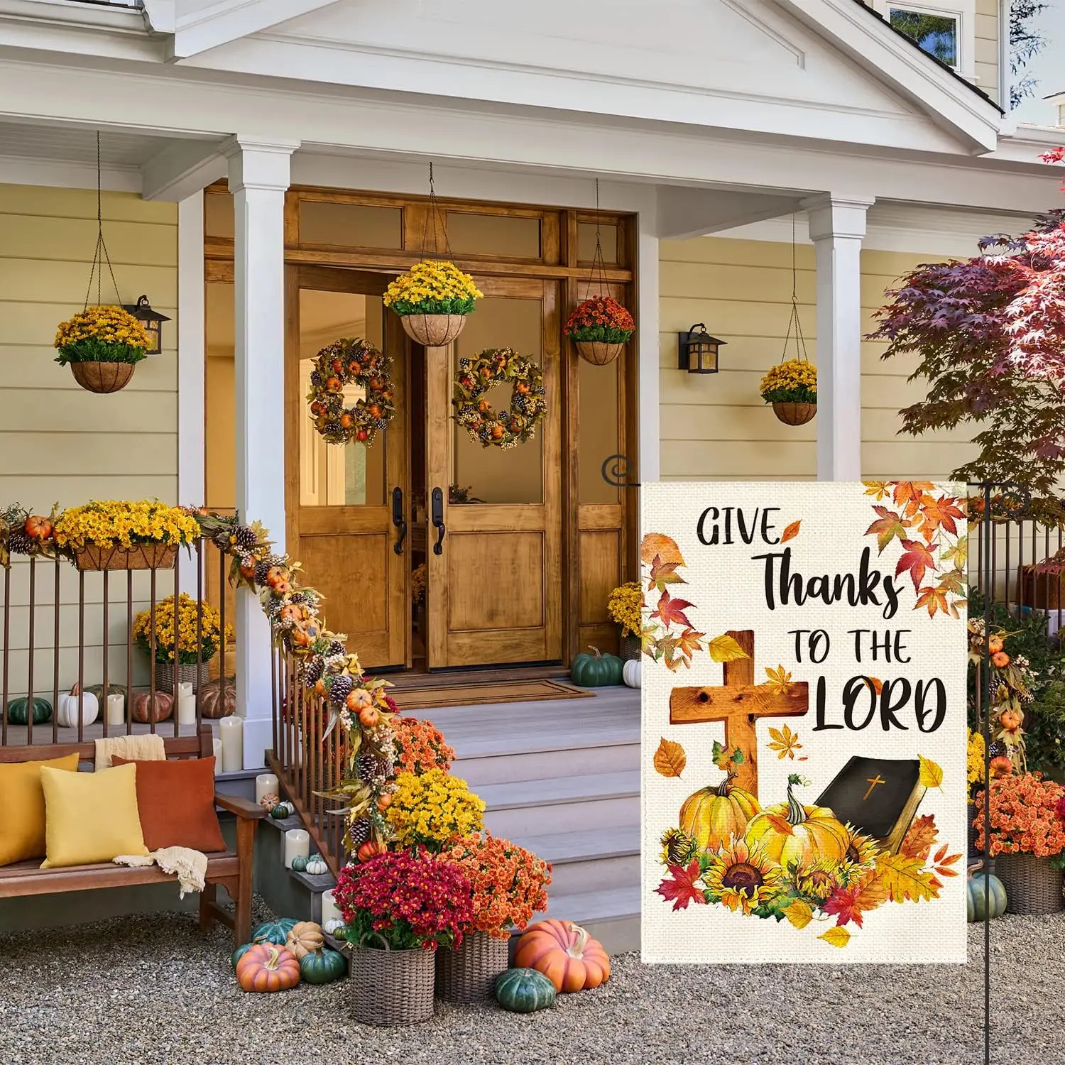 AVOIN colorlife Fall Thanksgiving Give Thanks to The Lord Garden Flag 12 x 18 Inch Double Sided, Pumpkin Maple Leaf Harvest