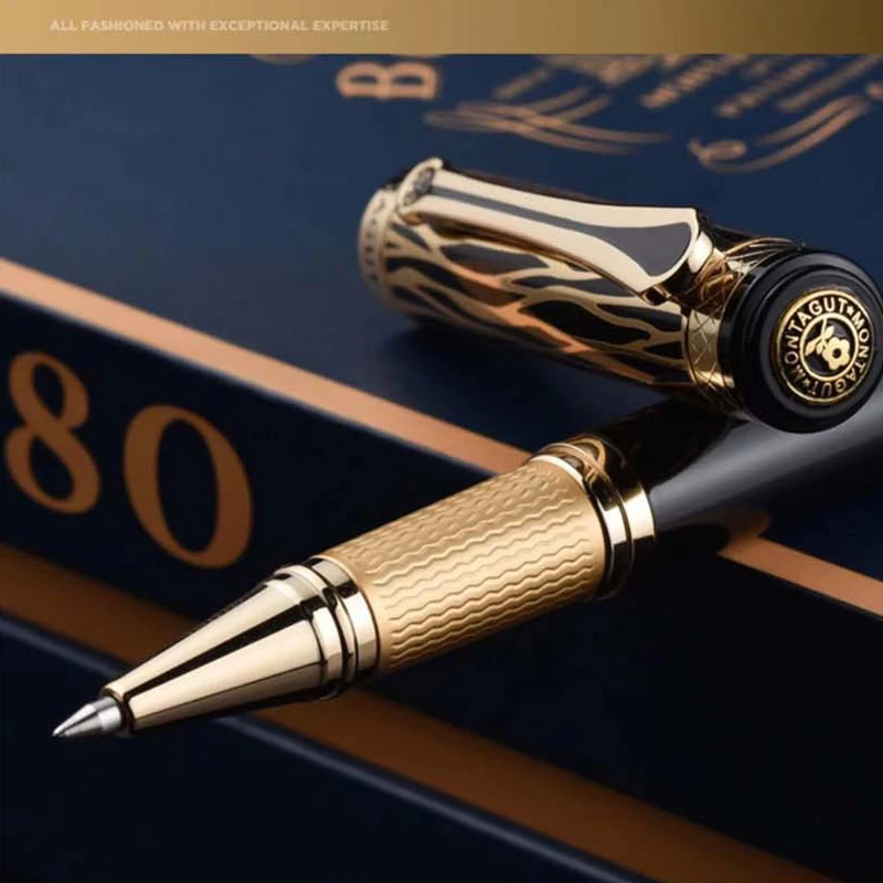 Montagut 816 Luxurious Golden Black & Golden Jewel Trim Iridium Roller Ball Pen For Office School Home Writing Gift Pen