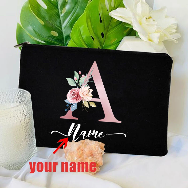 Bolsa de maquillaje con flores degradadas con letras, bolsa de lavado de lona con nombre personalizado para mujer, lápiz labial, bolsa de almacenamiento de viaje, billetera de regalo de vacaciones