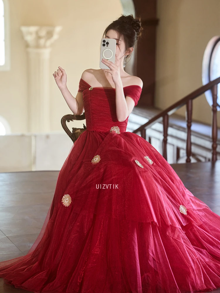 Elegant Red A Line Prom Wedding Dress Korea Photo Shoot Square Collar Floor Length Evening Party Gown Corset Back Customized