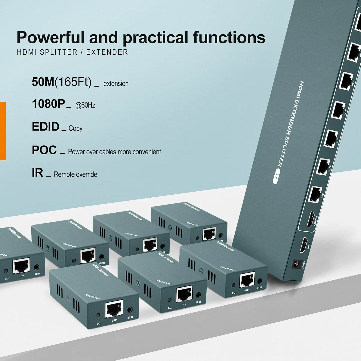 1x7 HDMI Extender Splitter 50M/1080P@60Hz Over Cat 5E/6/7 Ethernet Cable EDID Copy POC Function (1 in 7 Out)