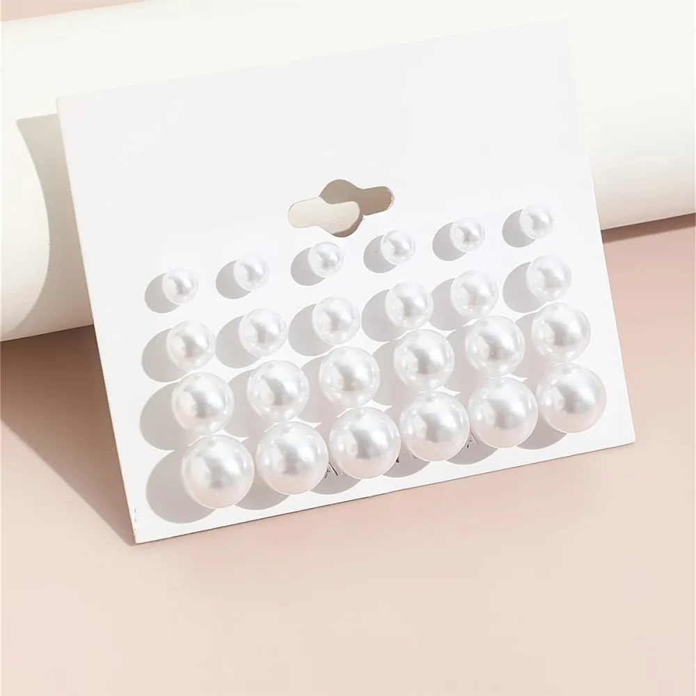 1Pack White Simple French-style Imitation Pearl Round Bead Stud Earrings Including 12 Pairs in 4 Different Sizes
