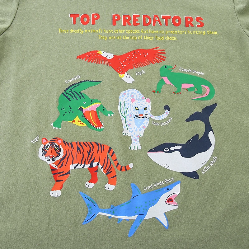 تي شيرت للأولاد بأكمام طويلة باللون الأخضر الزيتوني - مع طباعة "Top Predators" (النمر، القرش وما إلى ذلك) - مناسبة للأعمار 2-7 سنوات