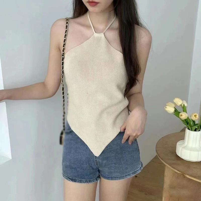 Women's Summer Halter Slimming Camisole Solid Color Sexy Sleeveless Irregular Hem Backless Lace Up Casual Knitted Tank Top