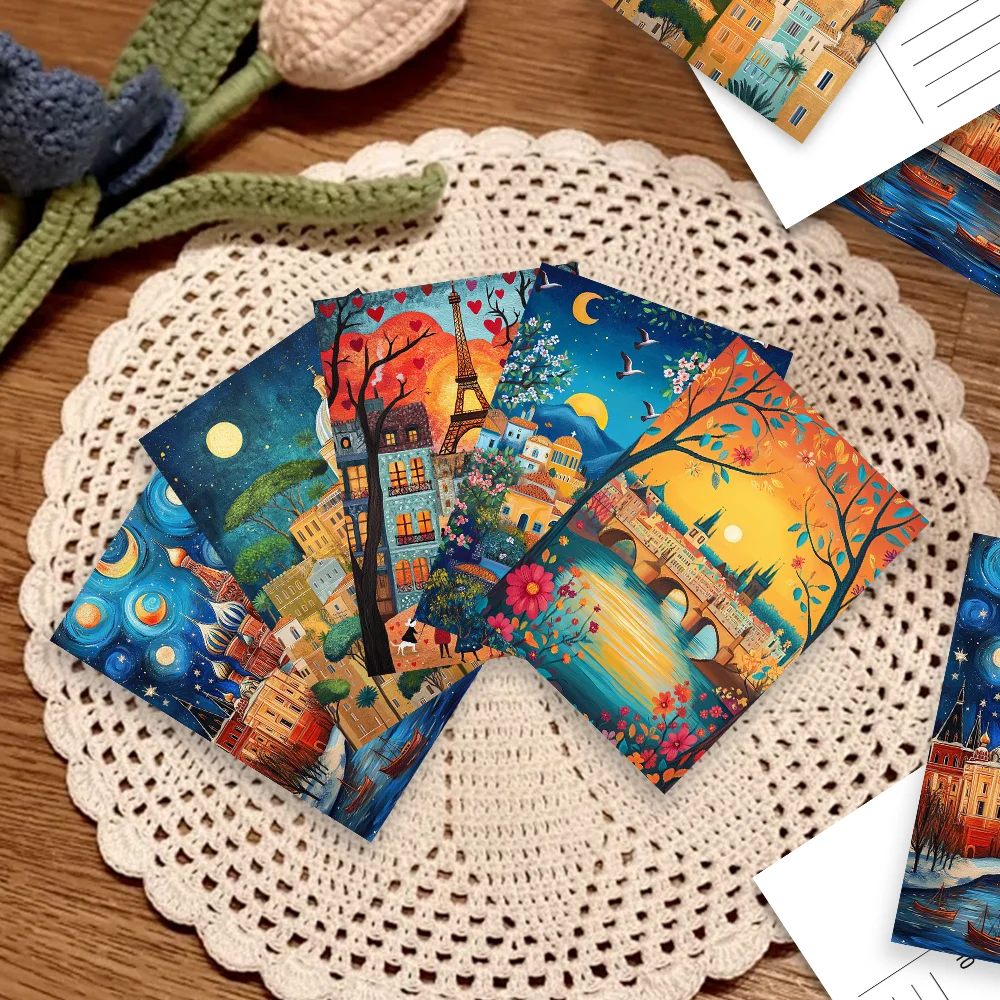 

16 шт., яркие открытки с рисунком фантастического города, выполненные вручную, подарки на день рождения/годовщину, коллекционные предметы, подходят для подарков.