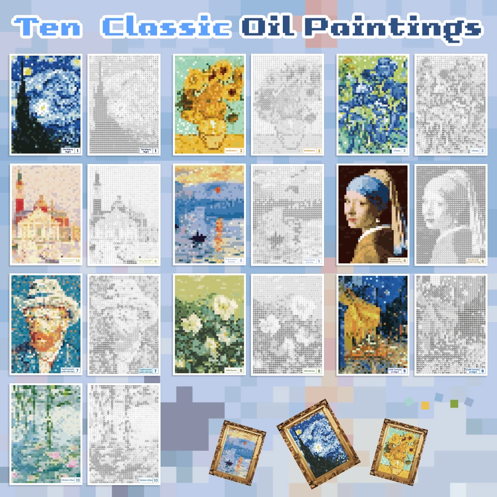 Retro Oil Painting Pixel Art Sticker Book 10 Patterns + 20 Sheets Color Block Mosaic Activity for Creative Gift Art Hobbyists view 6