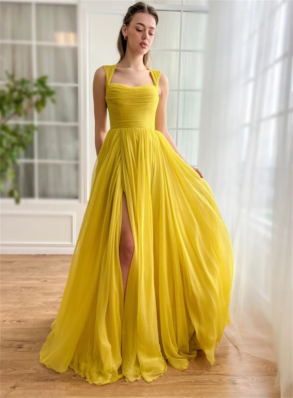 Cathy Yellow Tulle Prom Dresses Detachable Shawl A-line فساتين السهرة Elegant Sleeveless Side Split vestidos verano moda 2024