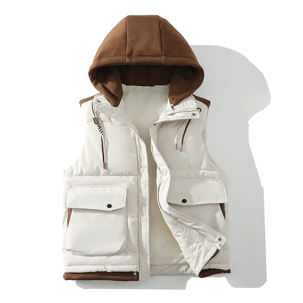 

Pop Autumn Winter Thick Outwear Vests Men Loose Hooded Warm Waistcoat Male Hat Detachable Chic Casual Sleeve Jackets Plus Size 5