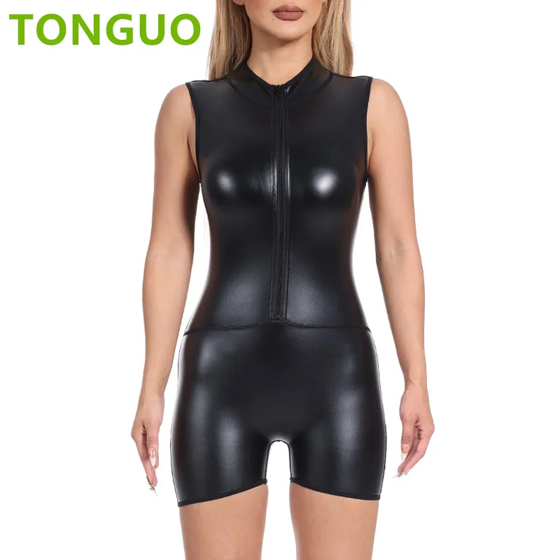 

Women Shapers Hot Metallic Front Zip Mock Neck Catsuit Bodysuit Sexy One Pieces Faux Leather Short Jumpsuits Tank Tops Shapewear