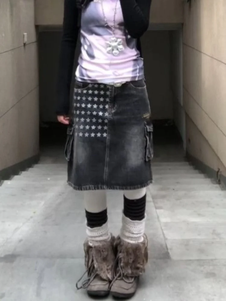 

2026 Summer Denim Skirt Women Washed Distressed Star Print American Vintage Y2K Street Style Pocket Design A-Line Midi Skirt