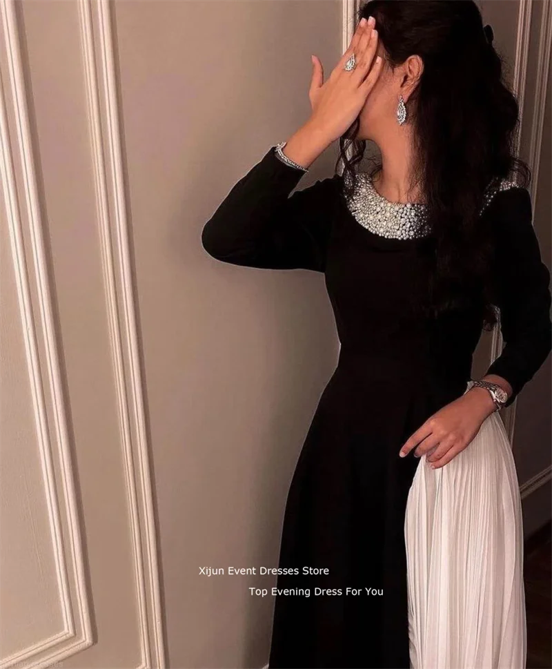 Xijun Black Gogerous Evening Dress Pearls Prom Gowns Dress Long Sleeves Saudi Arabric Side Pleats Prom Dresses Women Party Gowns