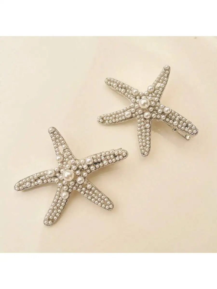 

2pcs Starfish Hair Clips With Faux Pearls Boho Hair Accessories For Women