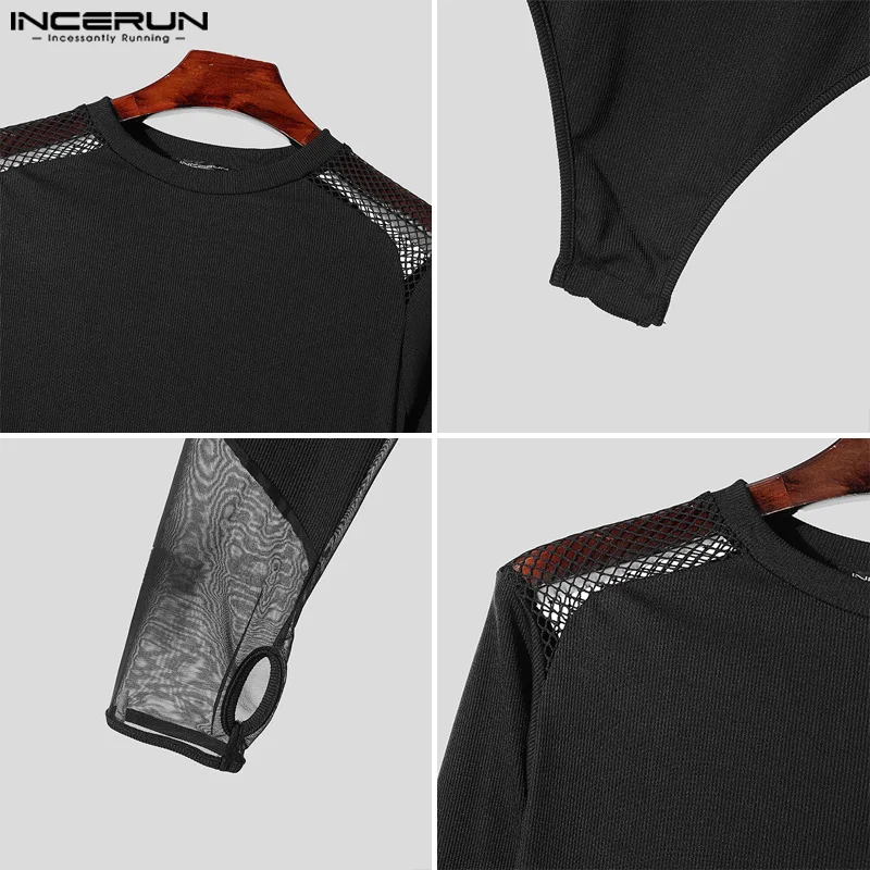 INCERUN 2024 American Style Stylish Loungewear New Men\'s Thin Mesh Splicing Jumpsuit Sexy O-neck Long Sleeved Triangle Bodysuits