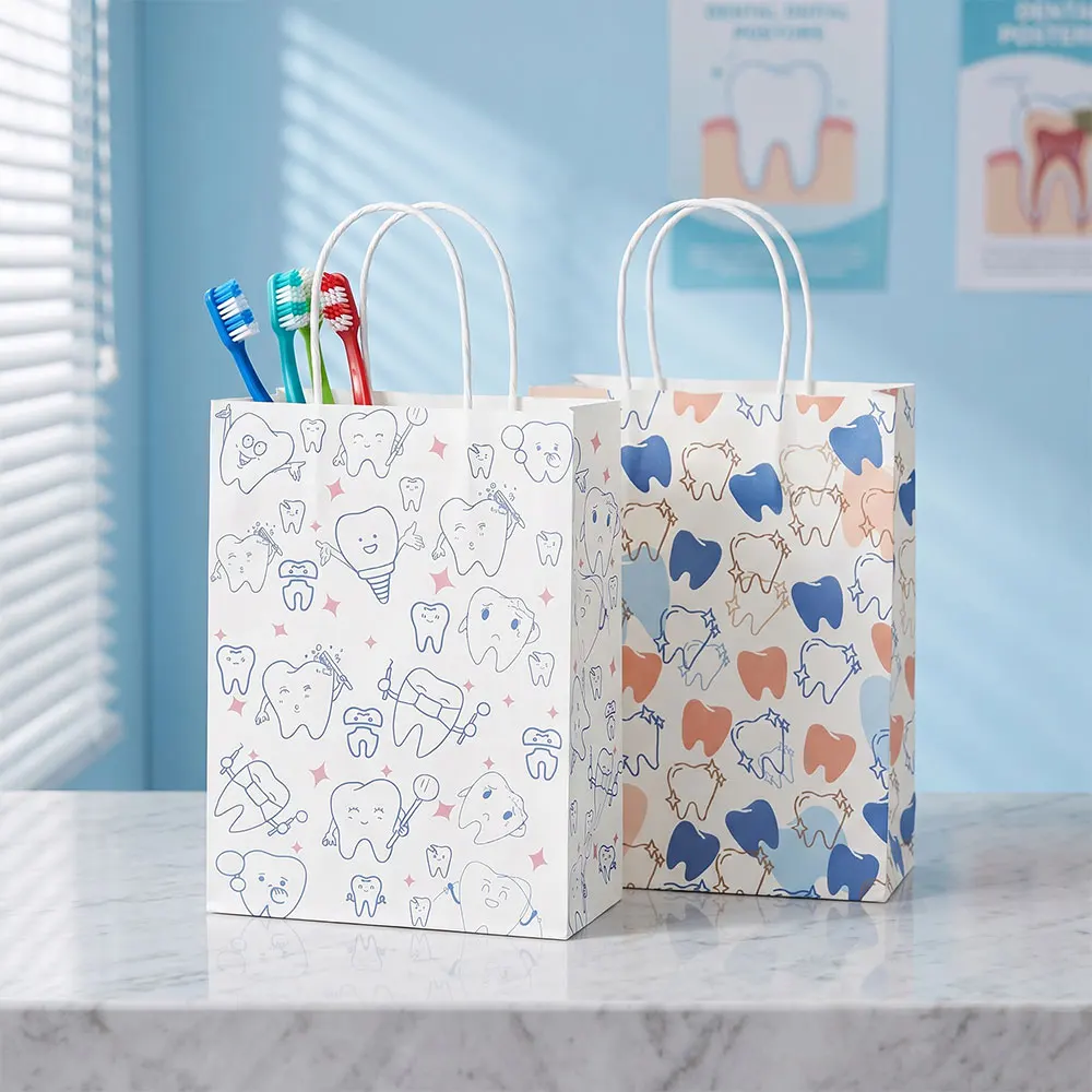 10Pcs Dental Tote Bags For Dental Patients Tooth Cartoon Pattern Dental Goods Gift Bags For Dental Care Tool Packaging Bag
