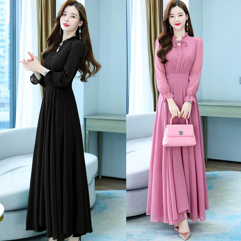 Korean Vintage Solid Maxi Dress Spring Autumn Black Casual Beach Midi Dress 2024 Women Party Bodycon Long Sleeve Night Vestidos