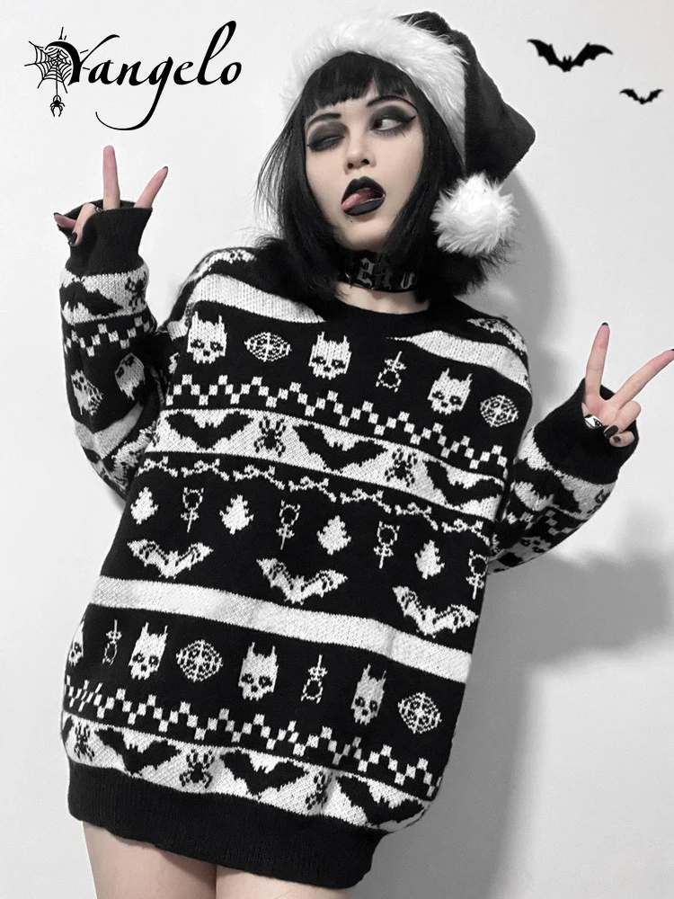 Yangelo Halloween Dark Gothic Skull Punk Retro Bat Pattern Autumn Winter Soft Warm Knitted Sweater Women's Pullover