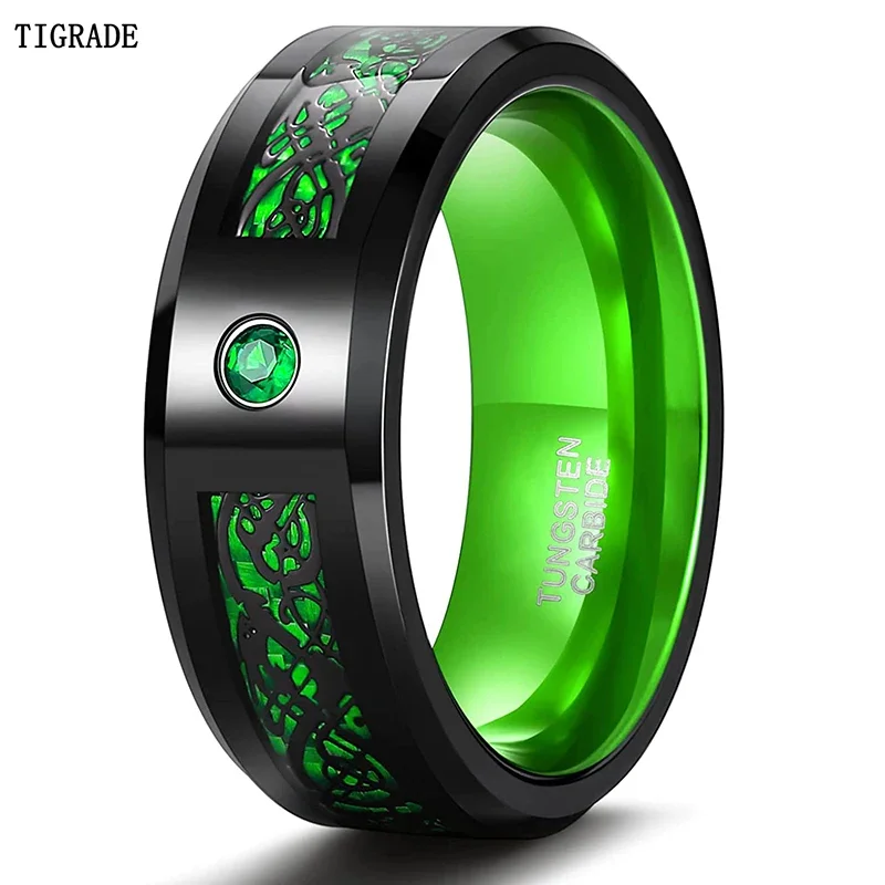 Tigrade 8MM Tungsten Rings for Men Women Cubic Zirconia Eternity Ring Black/Blue/Green/Red Color Cz Celtic Dragon Wedding Bands