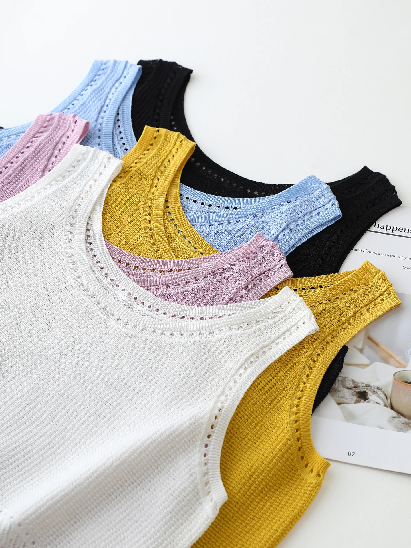 2026 Women Short Linen Blend Pointelle Knit Tank Top Sleeveless Light Breathable Camisole Chic Summer Cami Wave Lattice Comfort