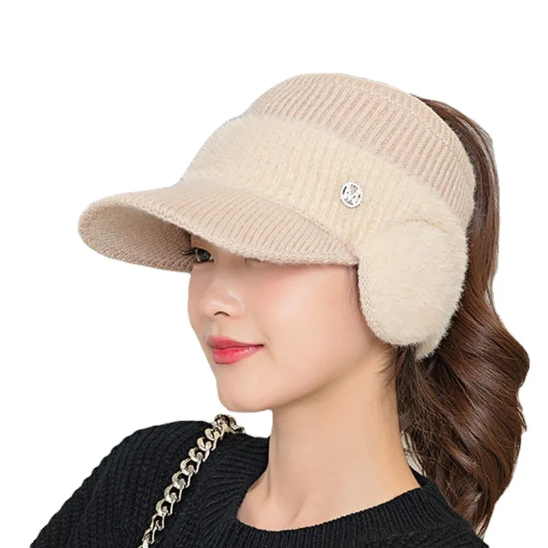 Autumn and Winter Women's Ear Protection Winter Hat Fashion Peaked Cap Air Top Polyester Woolen Cap Riding Cold-Proof Knitted Ha