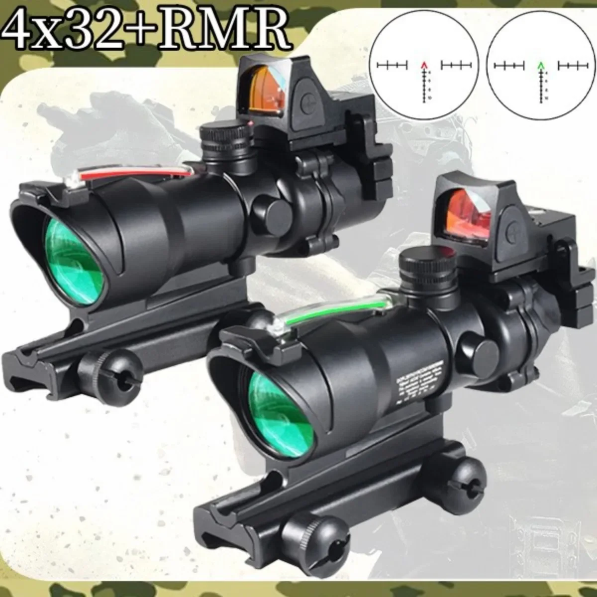 

4X32ACOG Tactical Collimator Real Fiber Optics Scope with RMR Adjustable Illuminated Glass Etched Reticle Optical Viewfinder