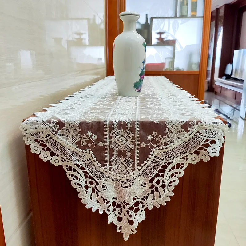 

Embroidered Lace Table Runner - Polyester Hollow Weave Long Tablecloth for Coffee/TV Tables, Simple Elegant Home Decor