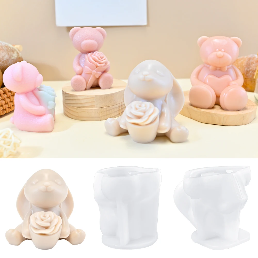 LZ056 3D Flower Rabbit Candle Silicone Mold DIY Heart Rose Bear Scented Wax Light Gypsum Ornament Resin Molds Valentines Gift