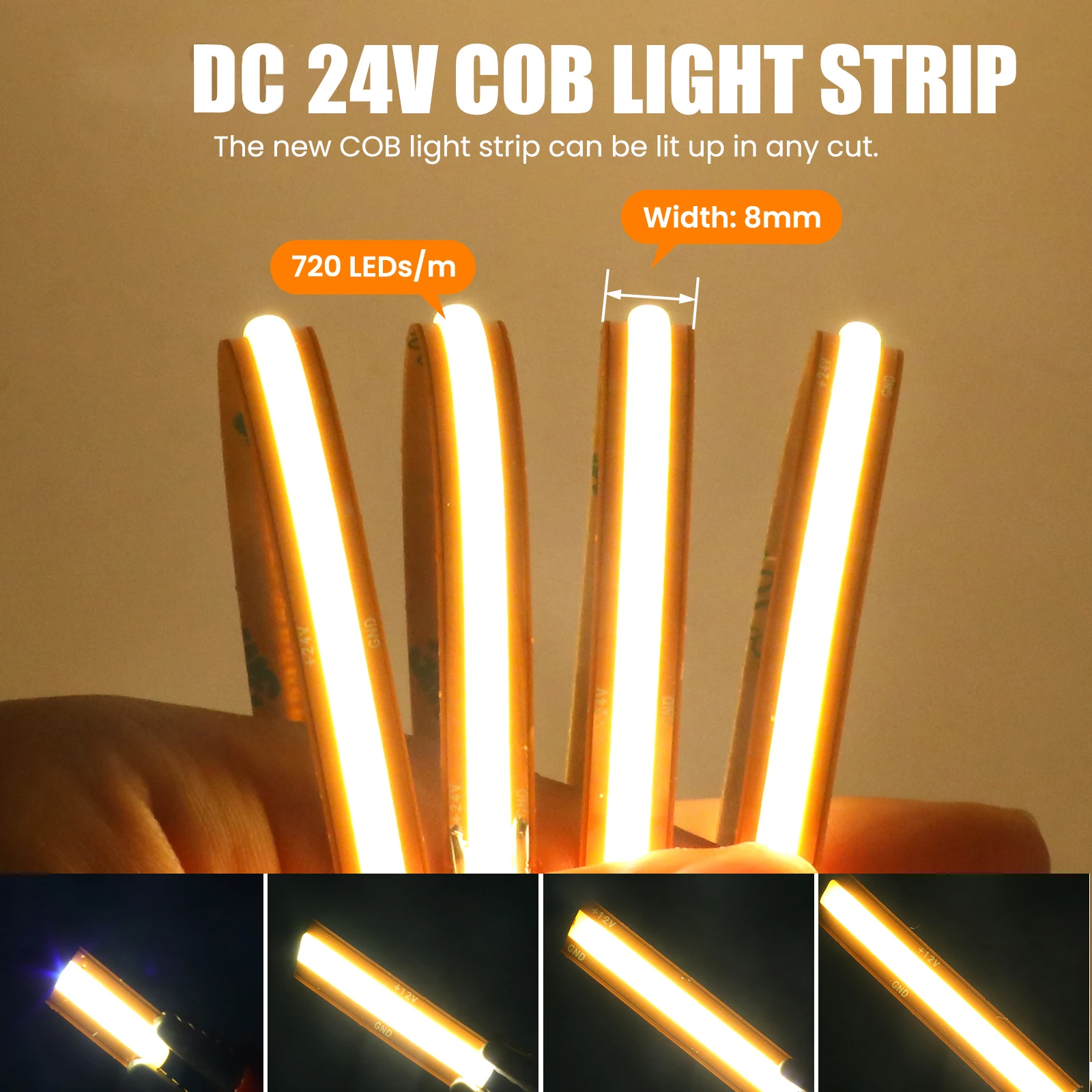 

24V COB LED Strip Lights Cut Freely 720LEDs/m High Bright Flexible Tape 8MM PCB High Density Linear Light Bar 3000K 4000K 6000K