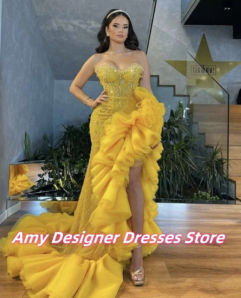 Stralende gele galajurk 2025, Zuid-Afrikaanse prachtige pailletten verjaardagsfeestje jurk hoge split zeemeermin avondjurken op maat