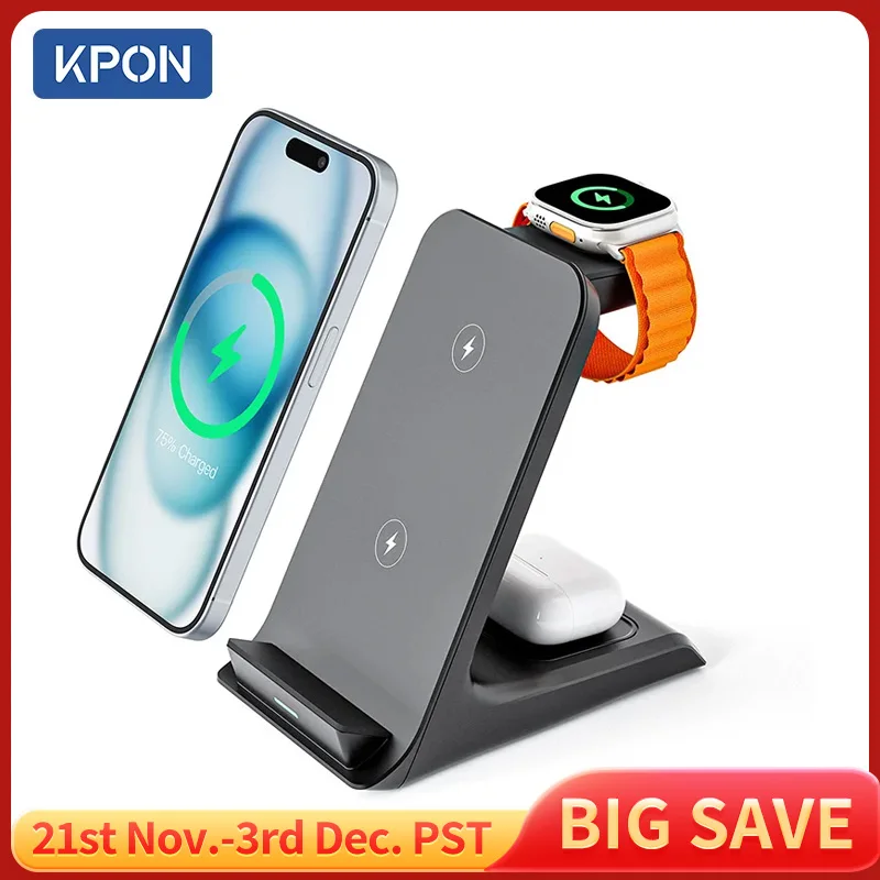 

KPON 3 in 1 Wireless Charger Stand Fast Charging Station Dock For iPhone 16/15/14/13 Pro Max Apple iWatch 9/8/7/6/5 Airpods 3/2