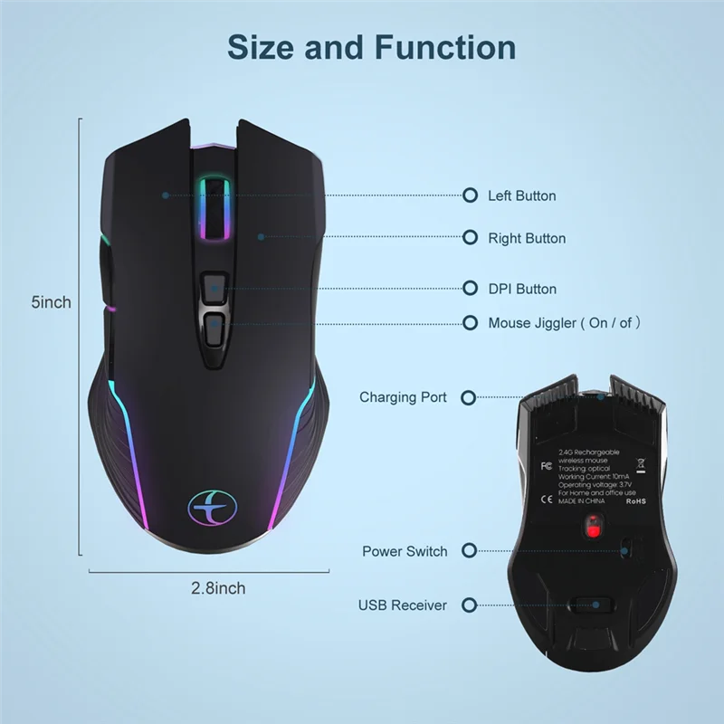 Mouse sem fio para jogos com botão ligado e desligado, Mouse óptico recarregável, Mantenha o computador acordado, Clique silencioso