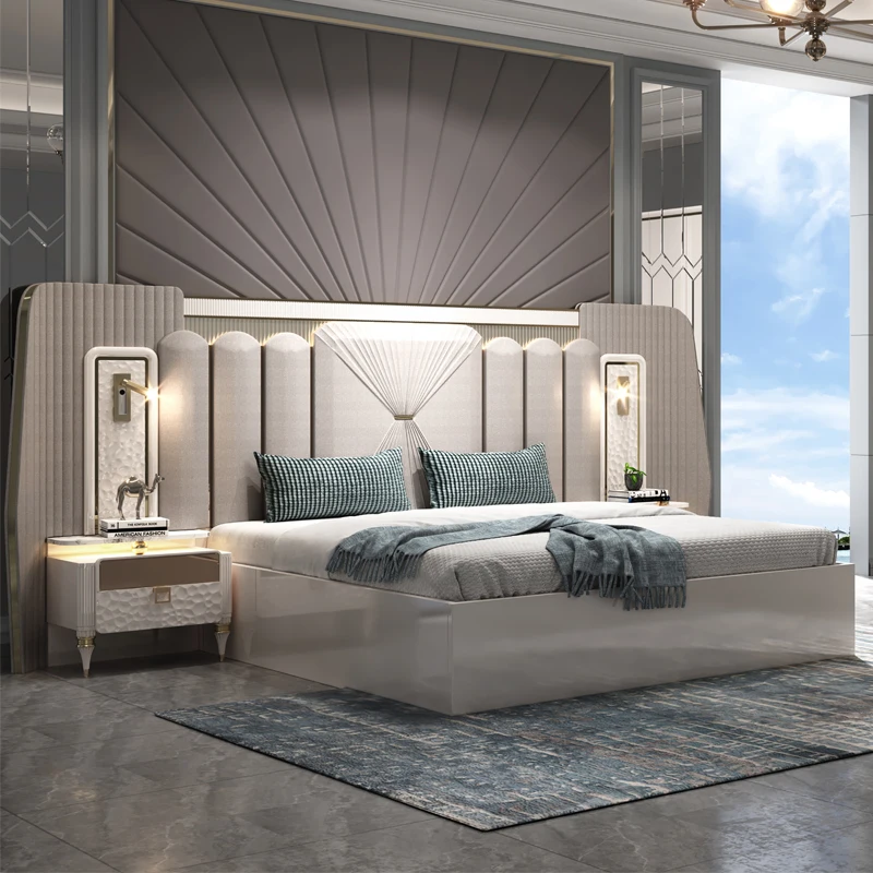 &#Contemporary Design Wood Full 5 Pieces Double Bed Sets Modern Luxury Wooden Frame Complete king Size Bedroom Set Furniture