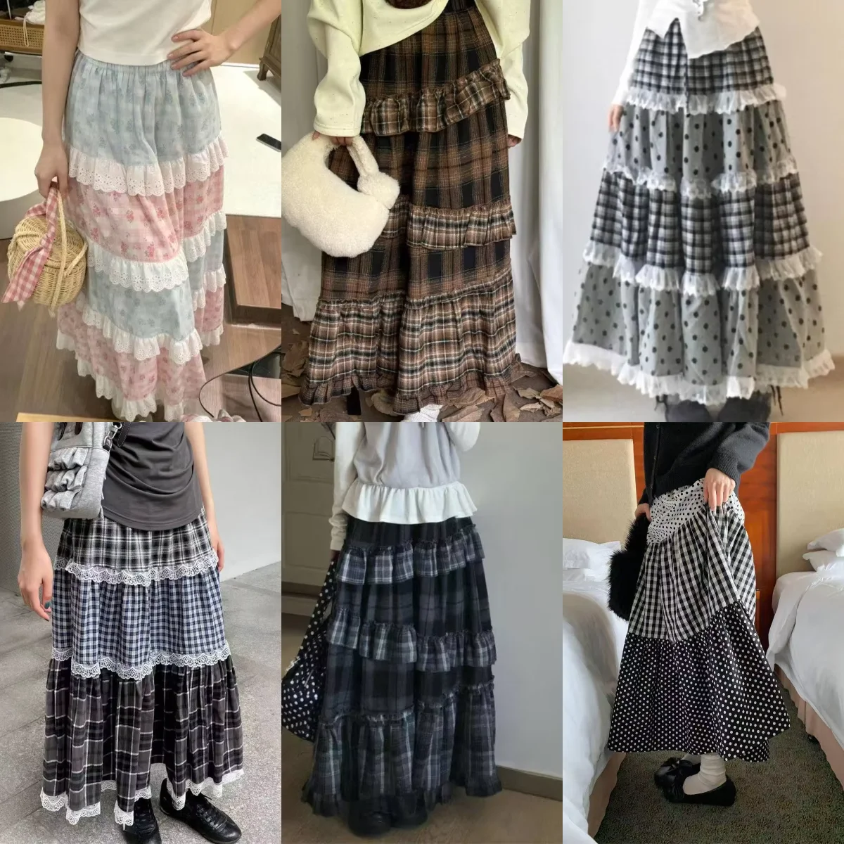 2026 Women Y2K Harajuku Half Skirt French Retro Lace Patchwork Flared Skirt Sweet Japanese Lolita A‑Line Skirt Streetwear