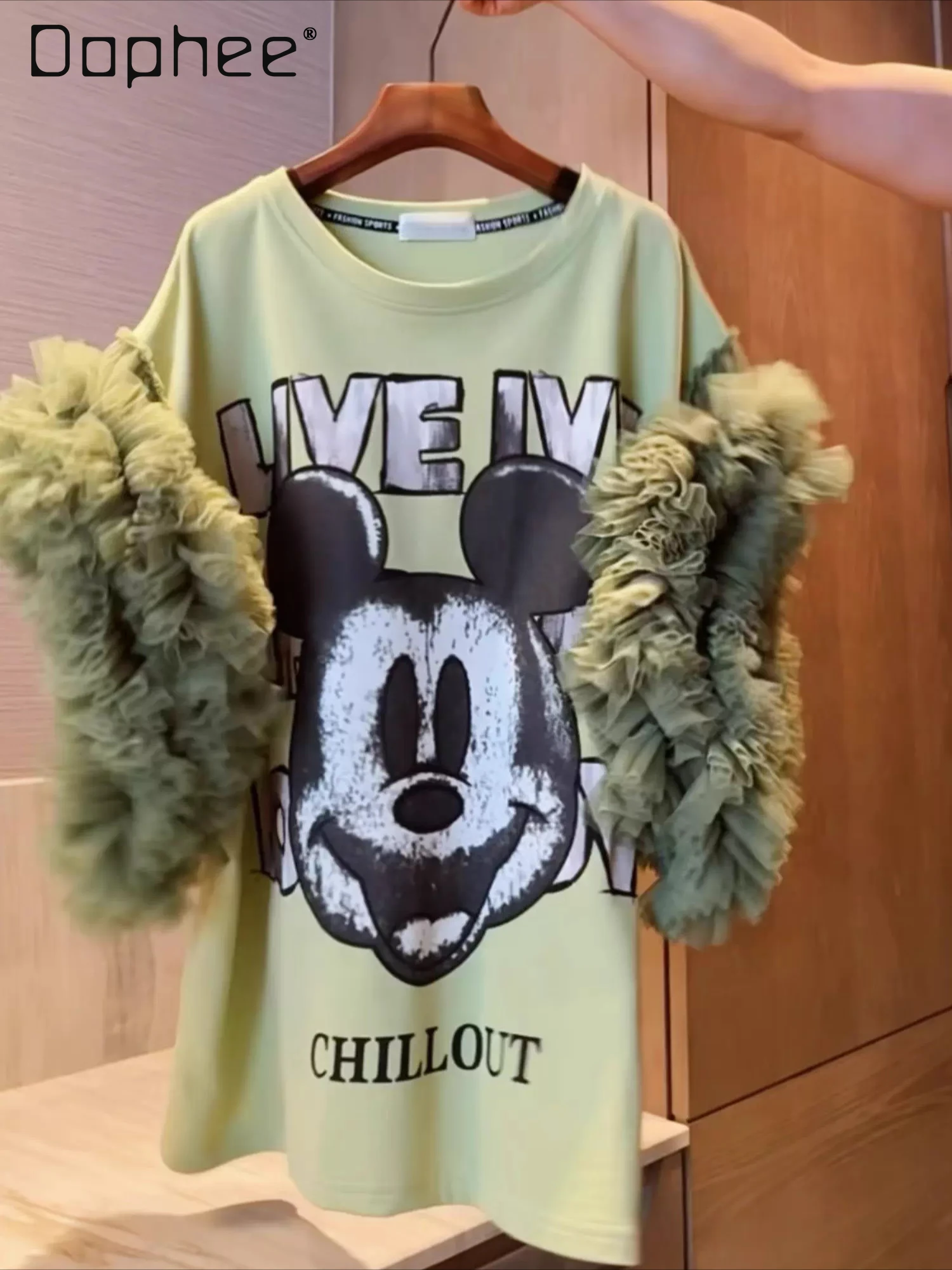 

2026 Designer Trendy Brand Cartoon Heavy Industry Fluffy Sleeve Mesh Splicing Age Reduction Loose Mid-length T-Shirt Top