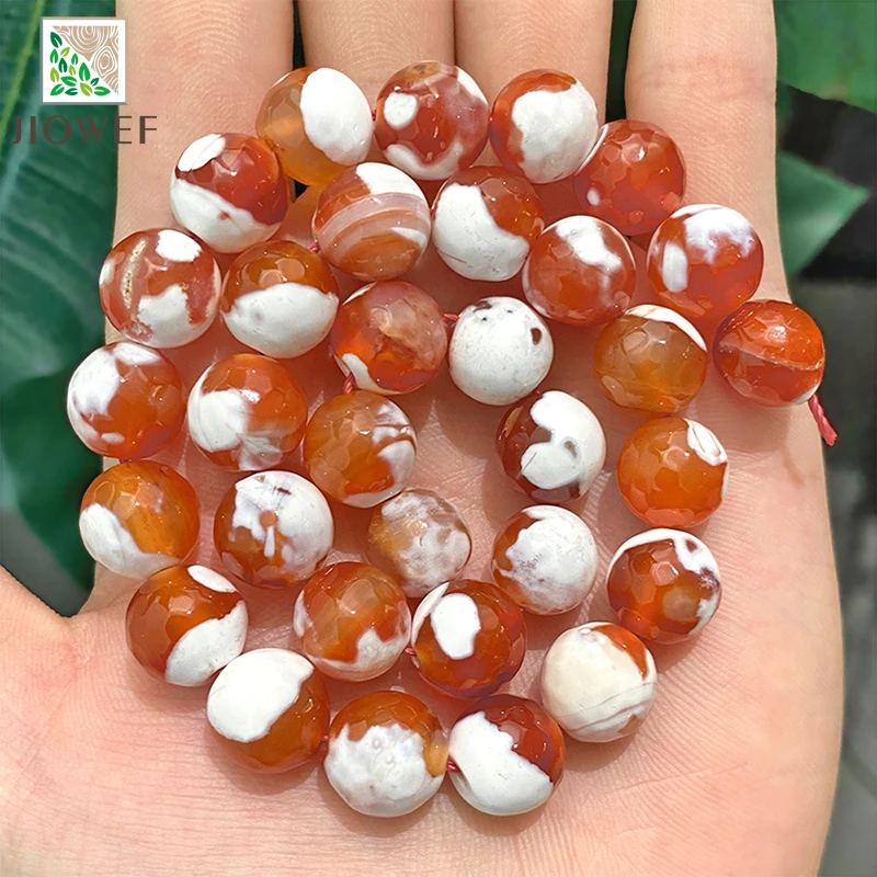 Natural Faceted White Red Frost Cracked Fire Carnelian Onyx Agates Round Beads 15\'\' Strand 6/8/10/12mm Diy Bracelet Accessories