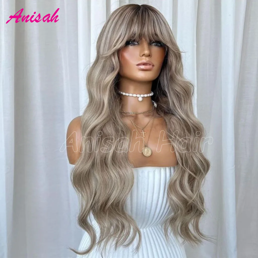 บราซิล Remy Hair Highlight ASH สีบลอนด์ Wavy Human Hair Wigs กับ Bangs สี 5x5 ปิดลูกไม้ Glueless วิกผมผมมนุษย์