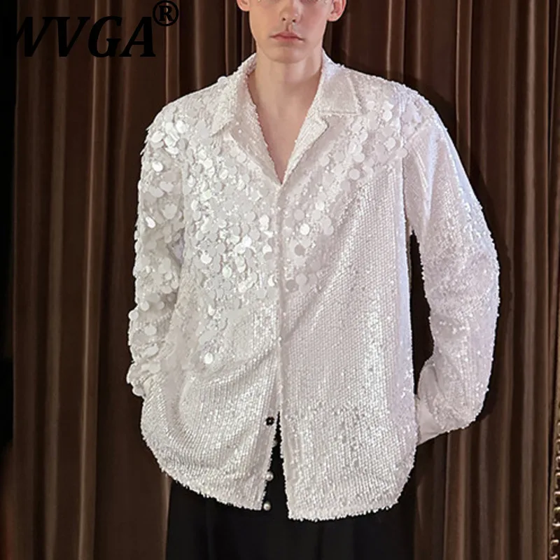 

WVGA весна осень новые мужские рубашки высокого класса с блестками модные рубашки с длинными рукавами нишевые шикарные повседневные топы с отложным воротником Ins Y2K W17878