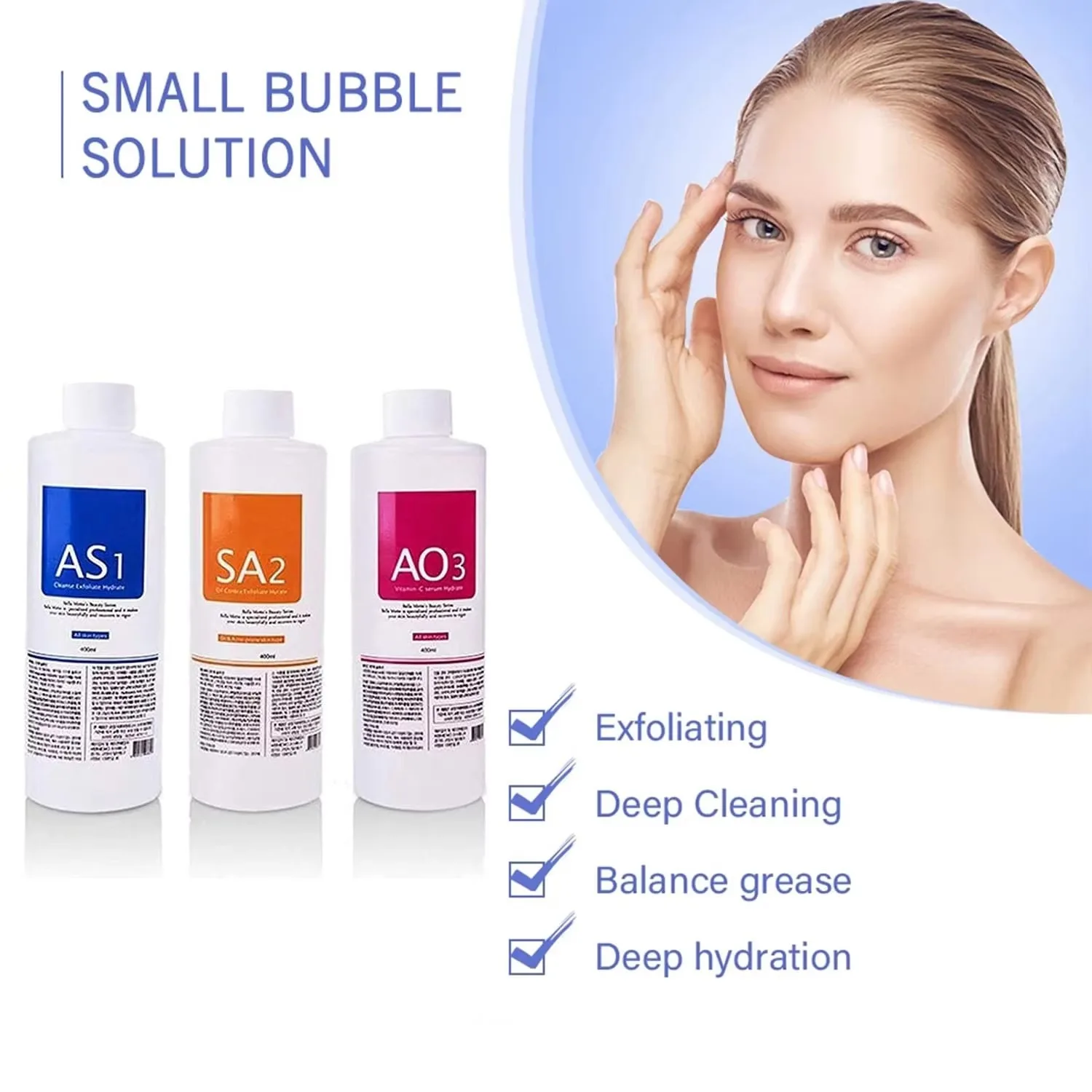 3ขวด As1 Sa2 Ao3ผิวลอกเซรั่มดูแลผิวหน้าสำหรับ Hydra Dermabrasion ขนาดเล็กเครื่องเป่าฟองทำความสะอาดอย่างล้ำลึก