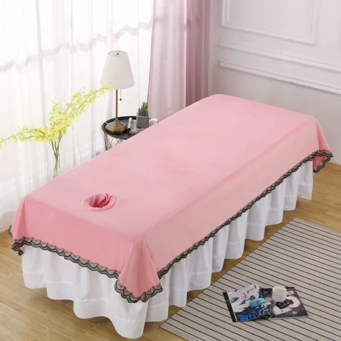 Thicken Velvet Bed Sheet for Beauty Salon, Lace Edged Therapy, Massage SPA Club Bedspread with Hole, 120x230cm