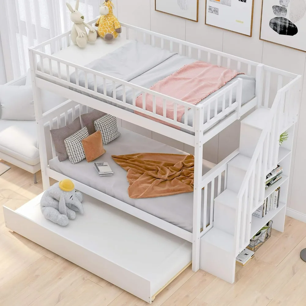 Twin Over Twin Bunk Bed with Stairs and Trundle, Solid Wood Stairway Bunk Bed Frame with Storage, Can be Split into 3 Separate