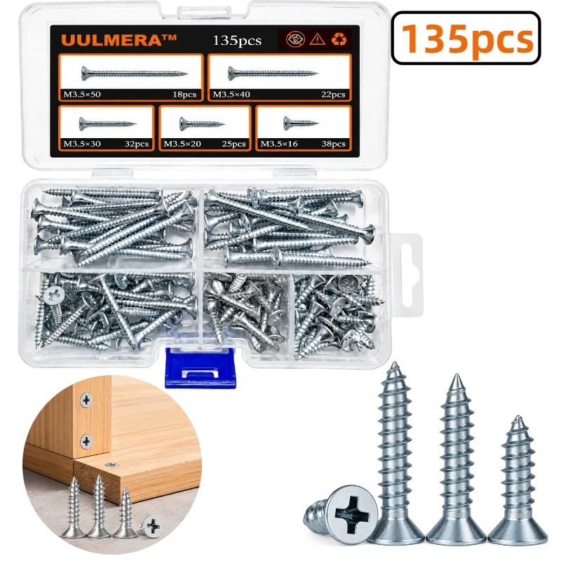135pcs zinc-plated cross-recessed countersunk flat-head self-tapping screw combo set, wood-use Phillips furniture screws M3.5