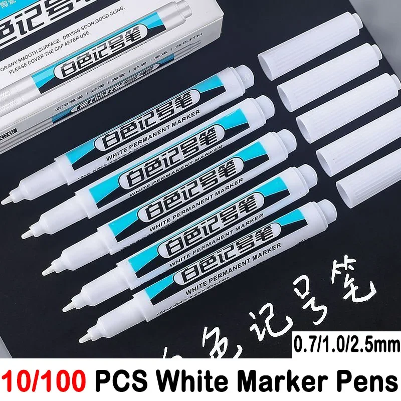 10/100 PCS White Permanent Paint Pen Set for Wood Rock Plastic Leather Glass Stone Metal Canvas Ceramic Stationery Art Supplies