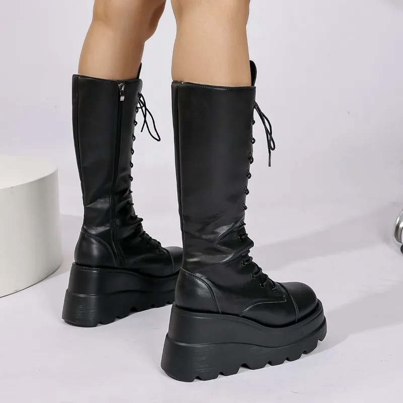High Boots Fashion Round Toe Lace-Up Front Platform Splice Side Zipper Anti-Slip Wear-Resistant Wedge Single