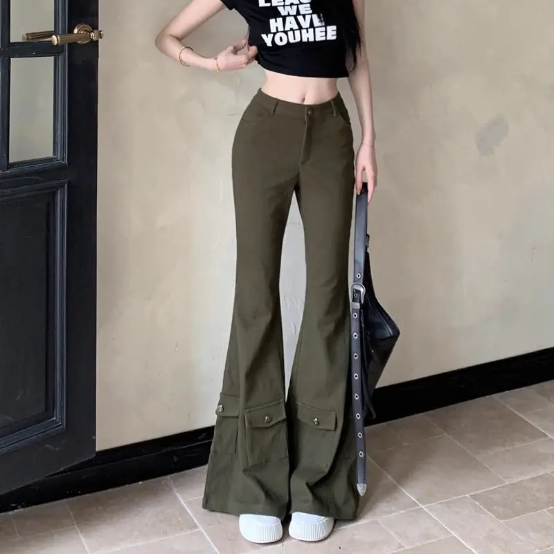 Military Green Workwear Jeans for Women Small Stature High Waist Slightly Flared Pants Slim Fit Straight Leg Floor Length Pants