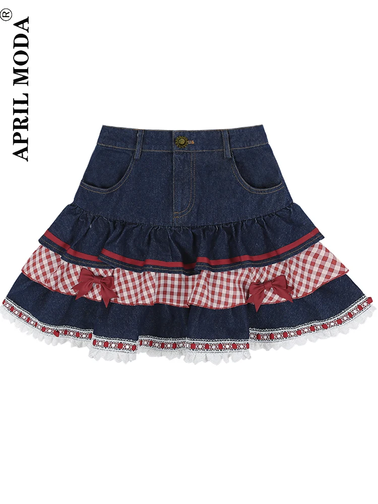 2023 Summer Sweet Lolita Denim Skirt Y2K Girls Cute High Waist Casual Bow Tiered Skirts Women Korean Hearts Kawaii Mini Skirts