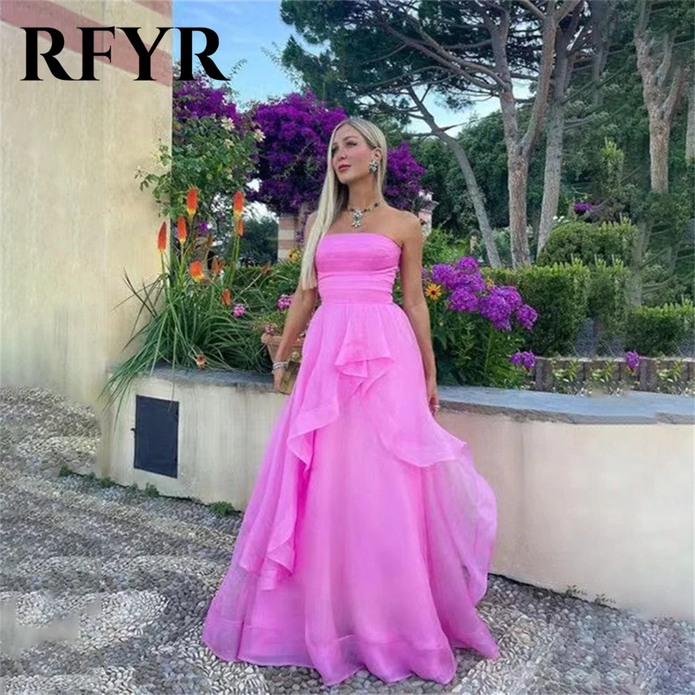 RFYR Pink Long Party Dresses Vintage Strapless Night Dress Beach Pleat Layer Tulle Celebrity Dress vestidos de fiesta Customized