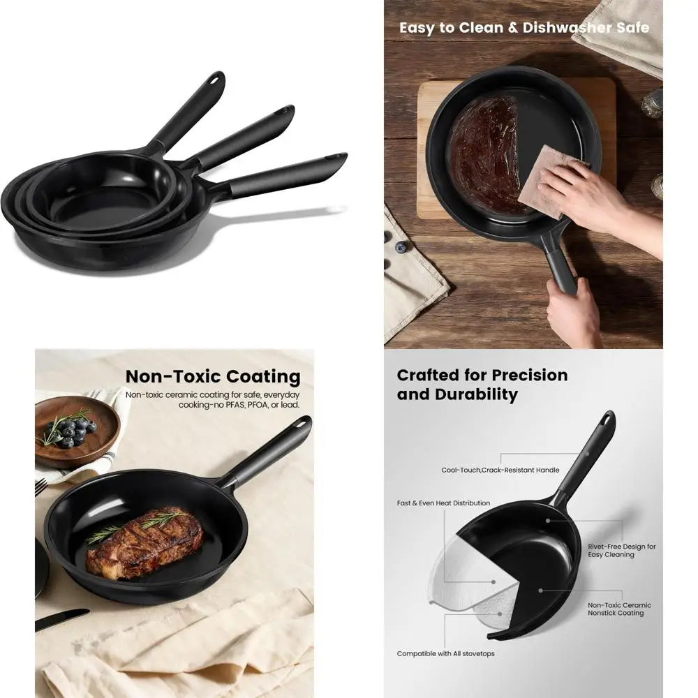 

Набор керамических сковородок с антипригарным покрытием, безопасное приготовление пищи, 8, 9,5, 11 размеров, без PFAS, PTFE, PFOA, можно мыть в посудомоечной машине, идеально подходит для здорового цвета.