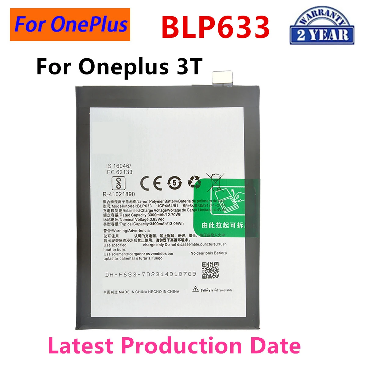 

100% Orginal BLP633 3400mAh Replacement Battery For Oneplus 3T A3010 Genuine Latest Production Phone Batteries