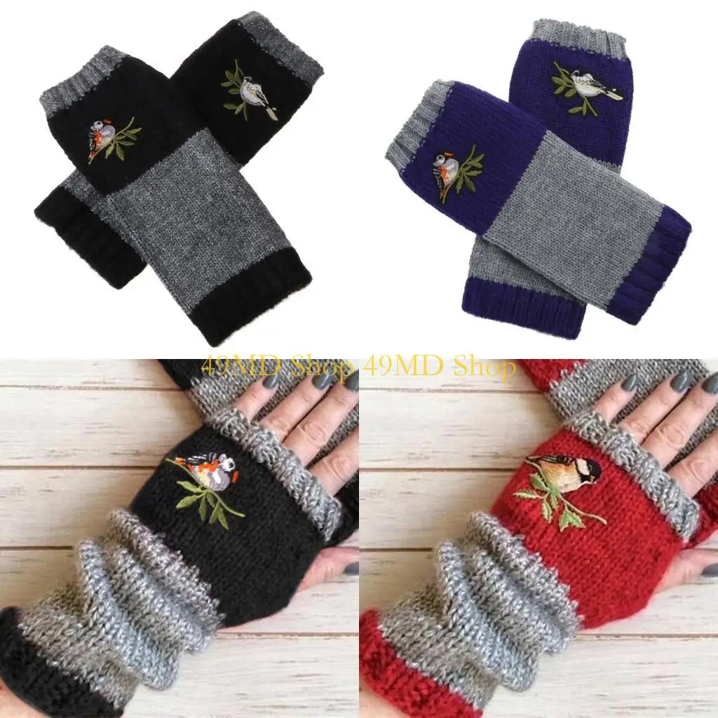 49md-women-winter-knitted-fingerless-gloves-bird-embroidered-half-finger-mittens-outdoor-driving-thumb-hole-arm-warmers